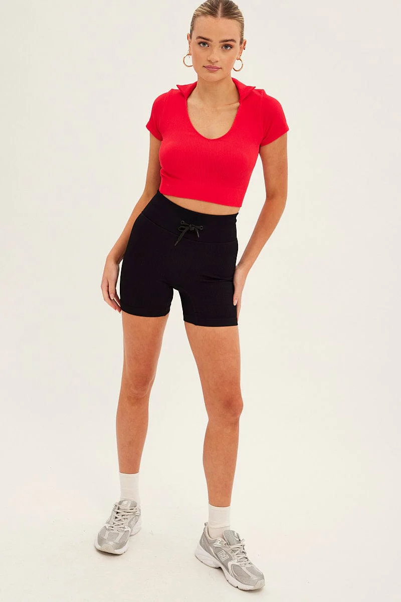 Red Collar Top Short Sleeve Seamless