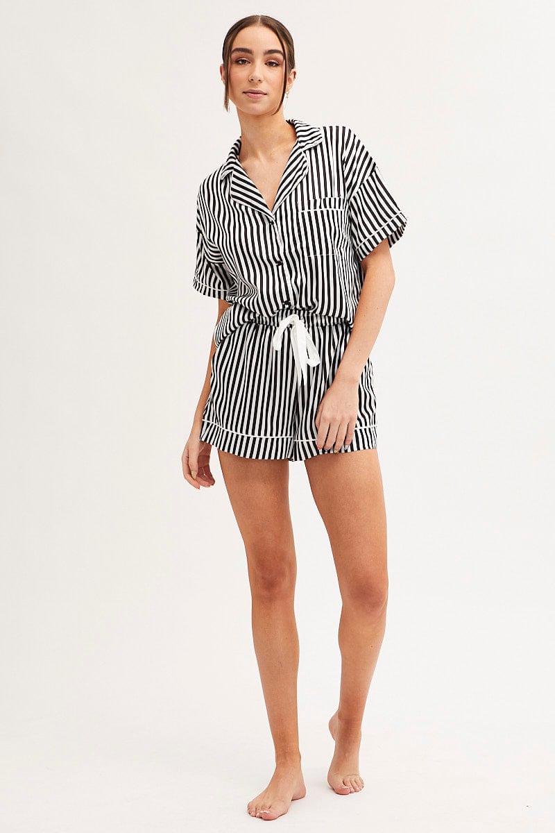 BLACK Pyjamas Set Short Sleeve Collared Shorts Satin