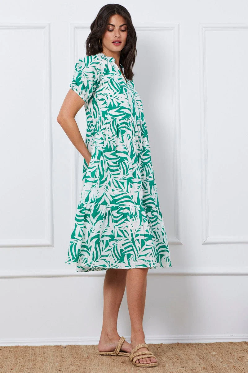 Trop Print Midi Dress Short Sleeve