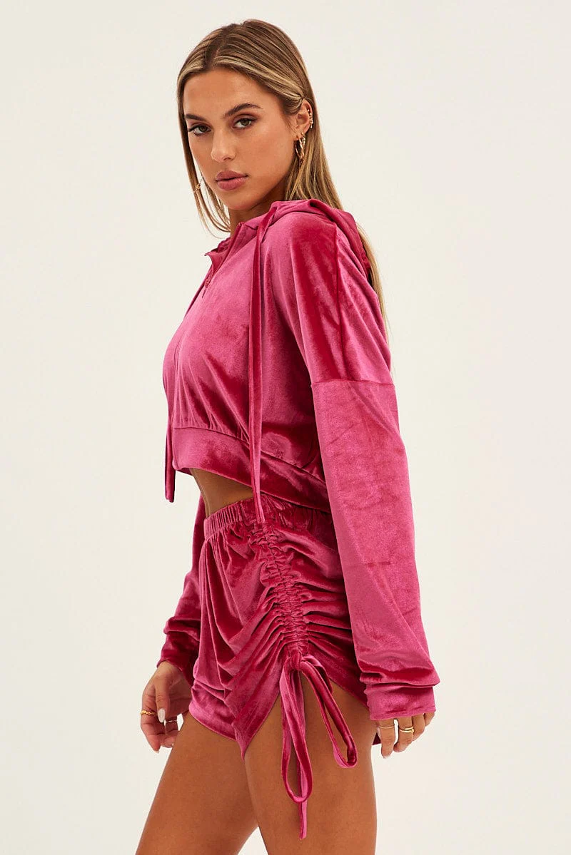 Hot Pink Velvet Jacket Long Sleeve Hoodie