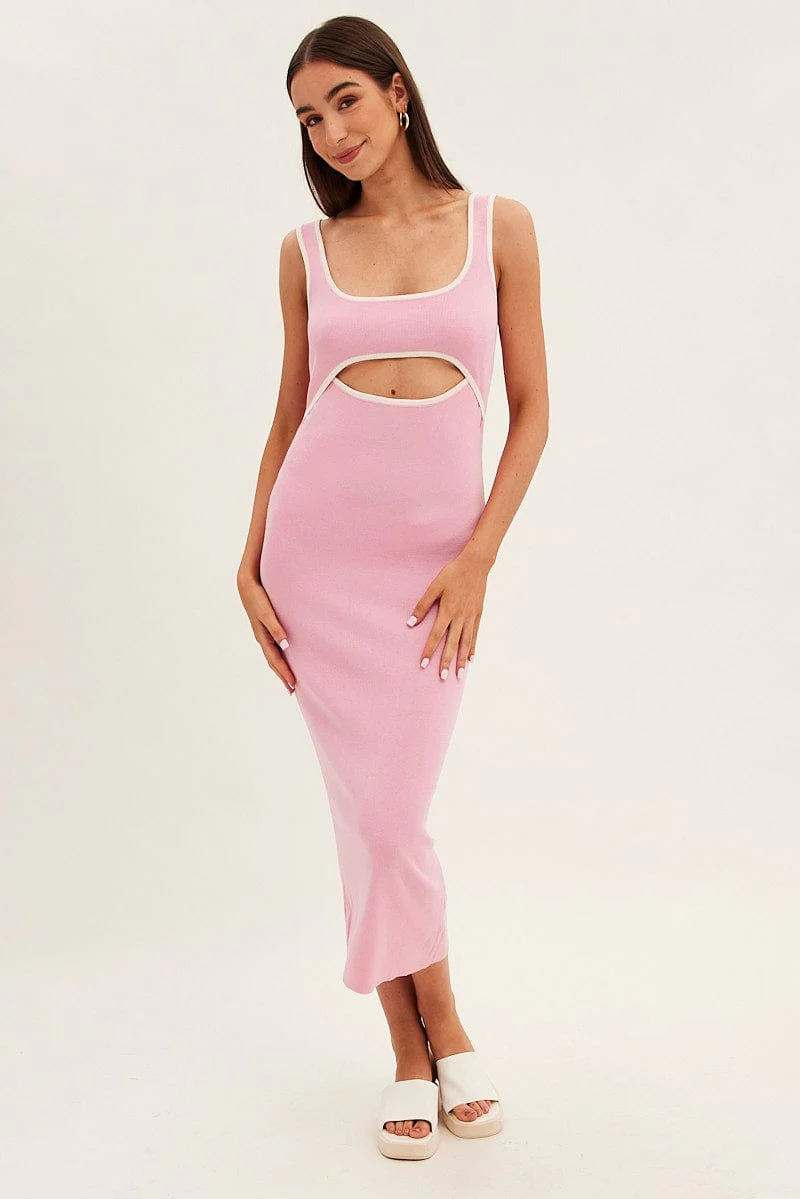 Pink Knit Dress Midi Sleeveless Contrast Binding