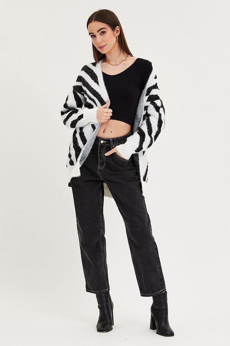 Print Knit Cardigan Long Sleeve Longline