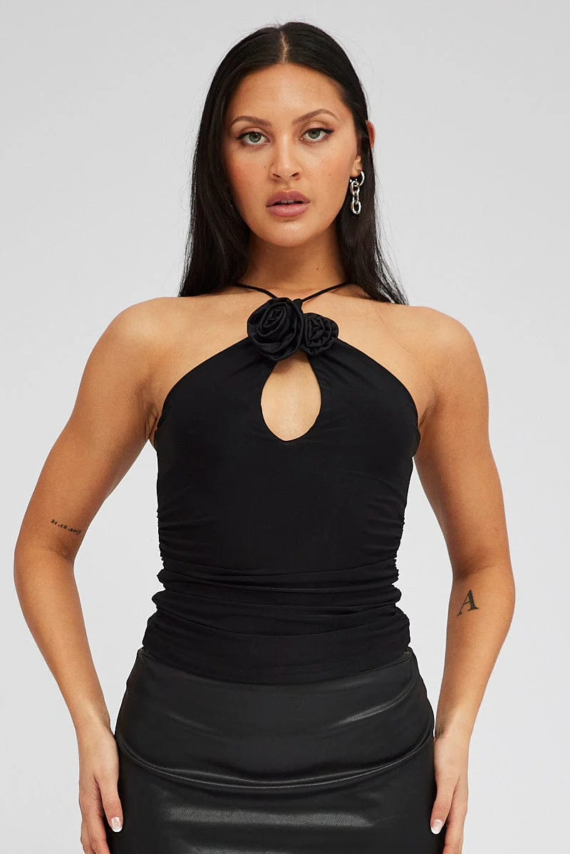 Black Rose Top Halter Neck Crossover Rosette Stretch