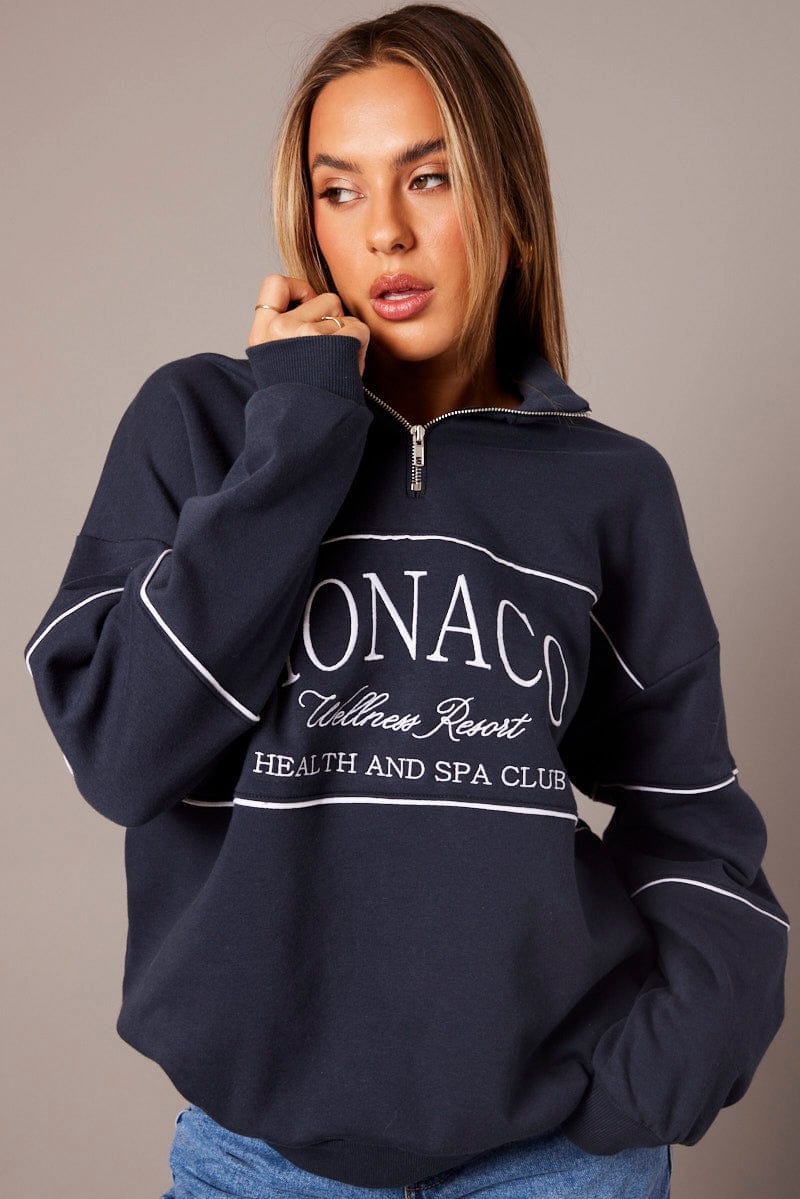 Blue Zip Sweater Funnel Neck Oversized