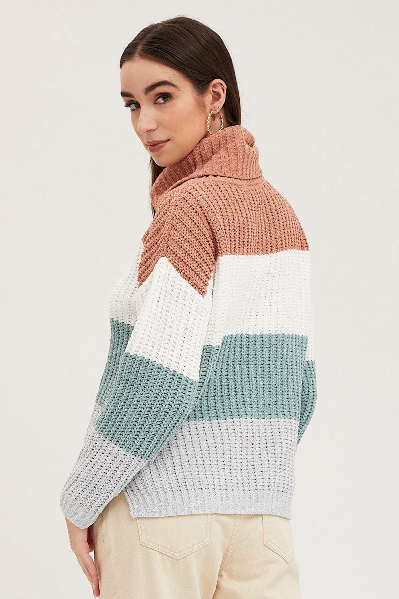 Stripe Knit Top Long Sleeve Relaxed Turtleneck