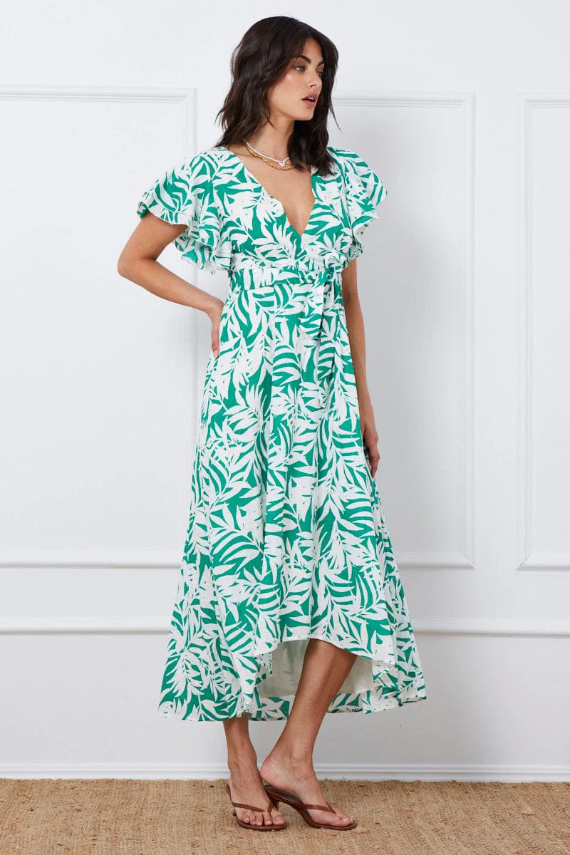 Trop Print Wrap Dress Short Sleeve Maxi