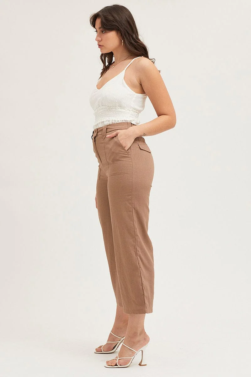 Brown Wide Leg Pants High Rise