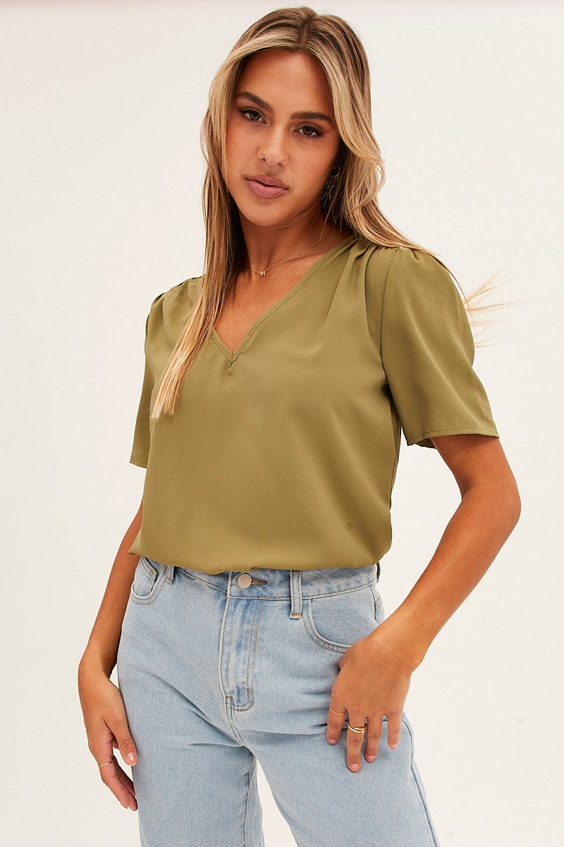 Green Workwear Printed V Neck Short Sleeve Top