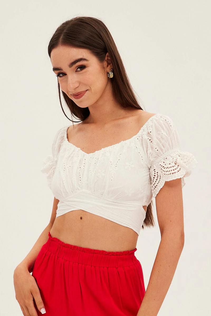 White Crop Top Short Sleeve Tie Back Eyelet