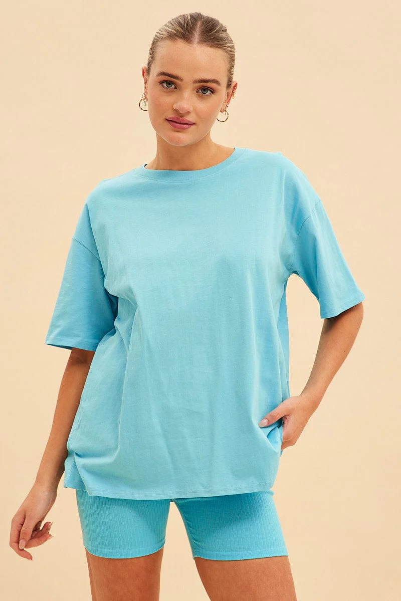 Blue Jamie Cotton Jersey Crew Neck Oversized T-Shirt
