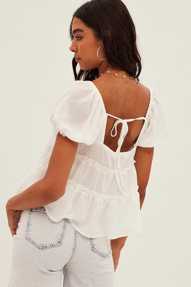 White Ruffle V Neck Puff Sleeve Tiered Top