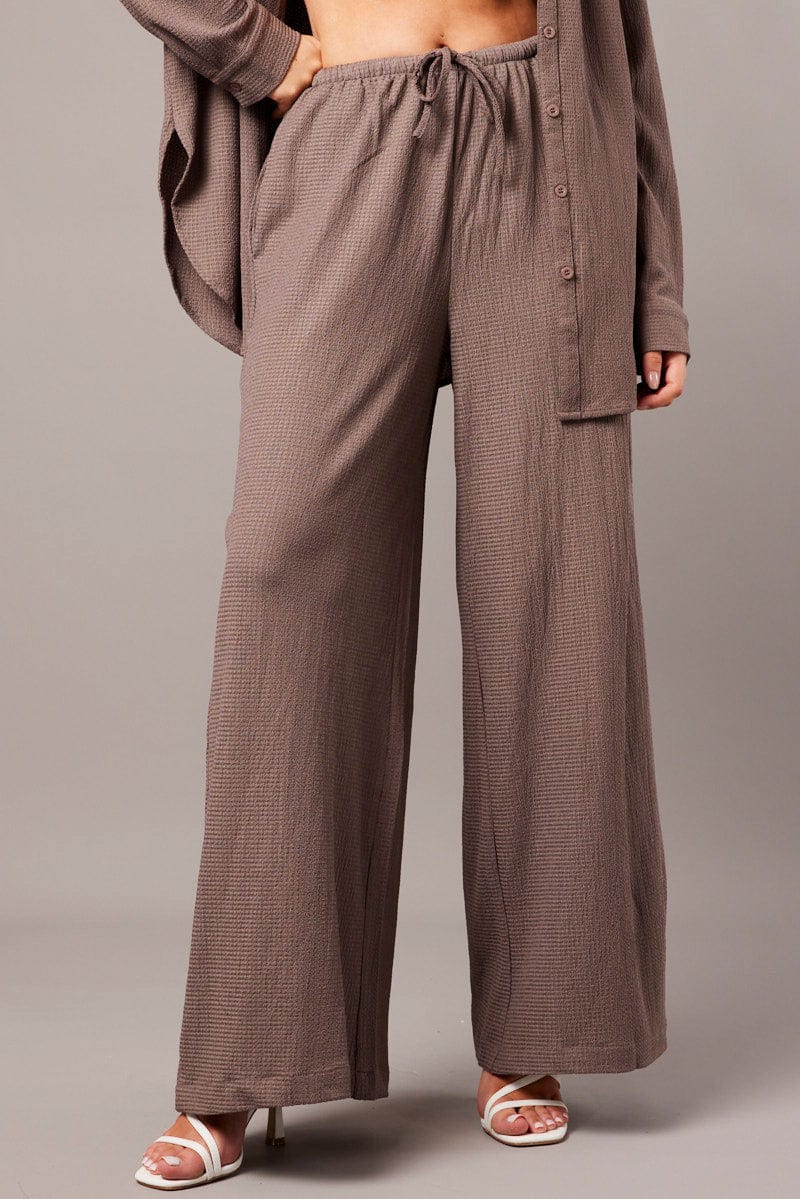 Brown Wide Leg Pants High Rise Textured Fabric