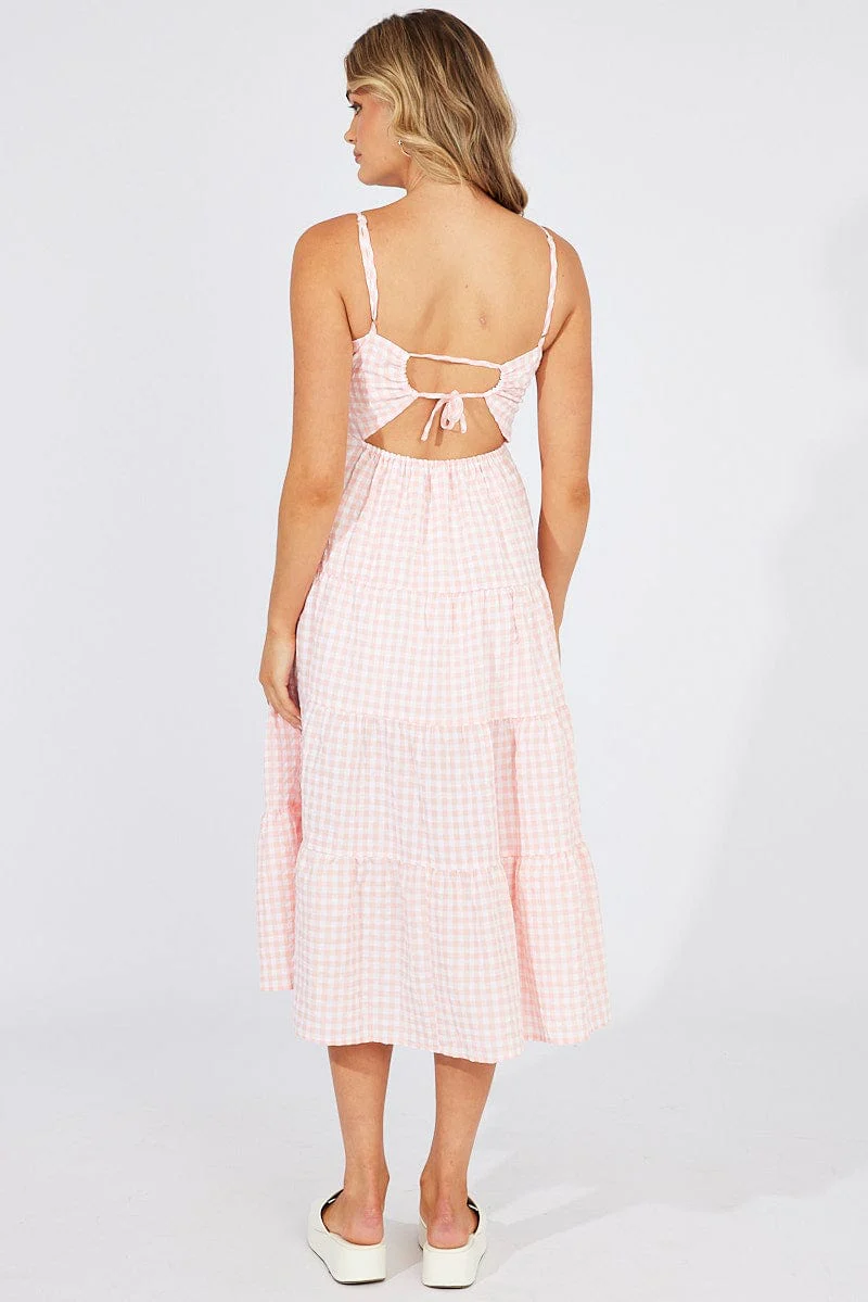 Pink Check Midi Dress Sleeveless Tie Back