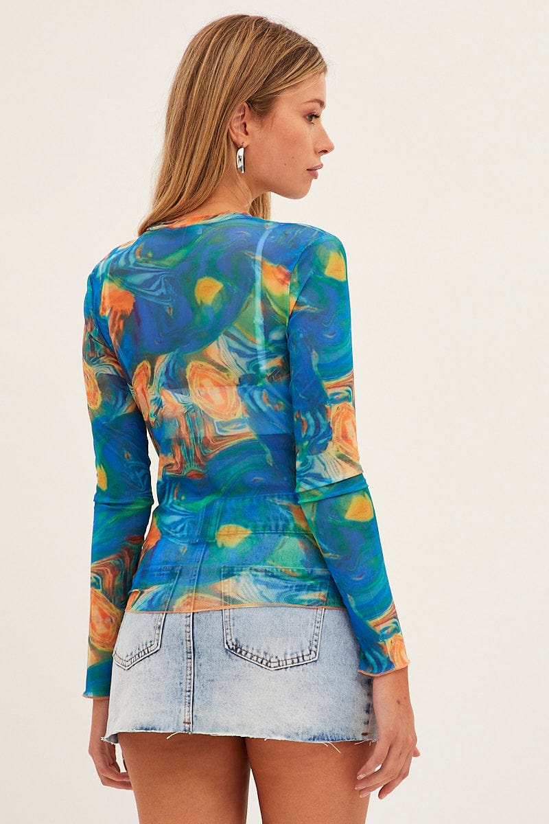 Blue Abstract Abstract Print Mesh Top
