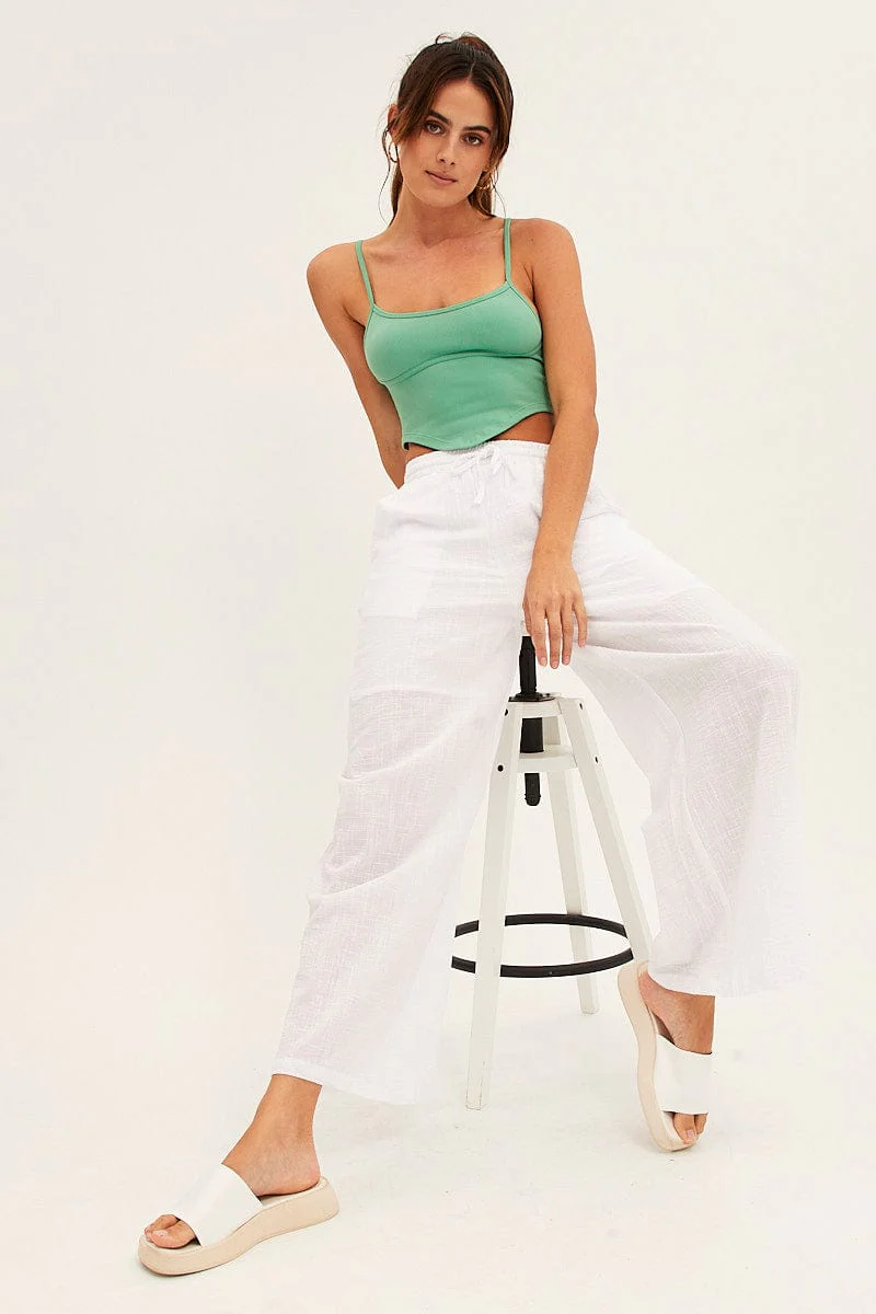 White Wide Leg Pants High Rise Cotton