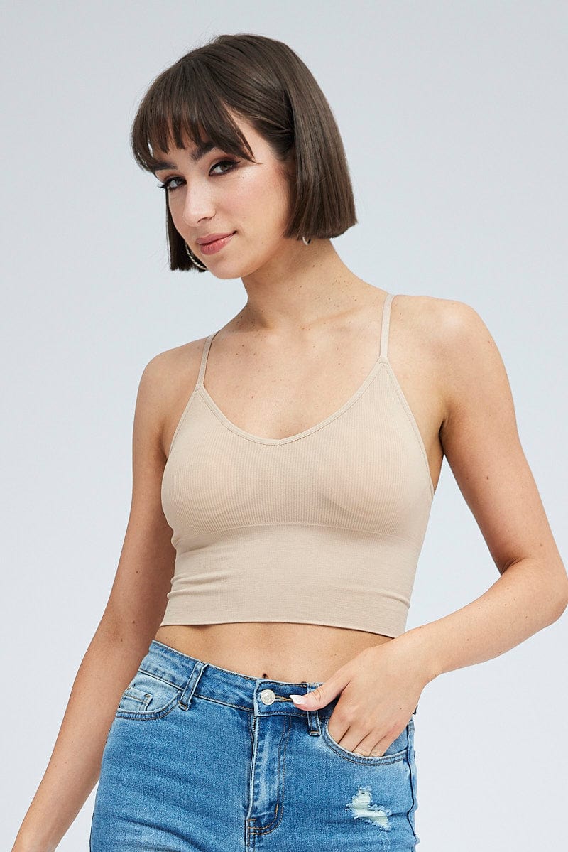 Beige Crop Singlet Top Seamless