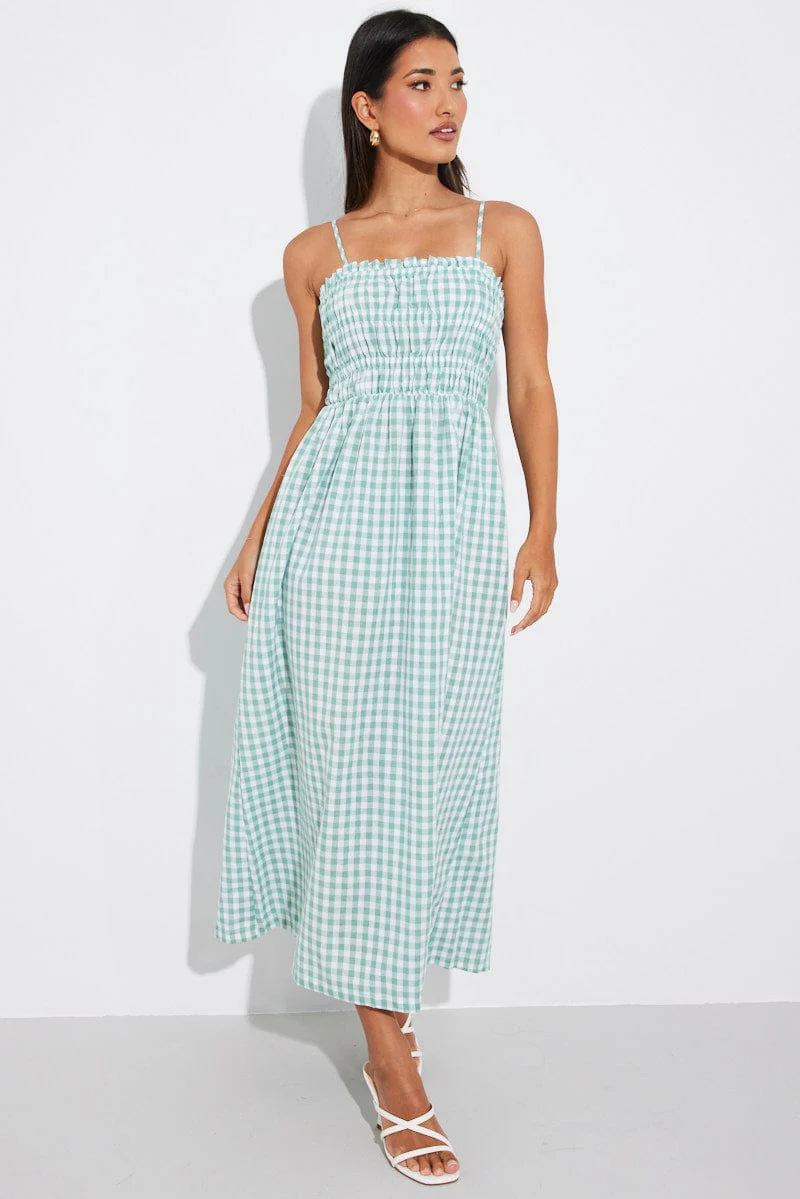 Green Check Maxi Dress Sleeveless Shirred