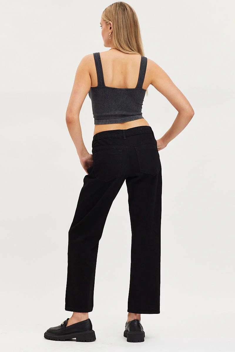 Black Straight Denim Jeans Low Rise