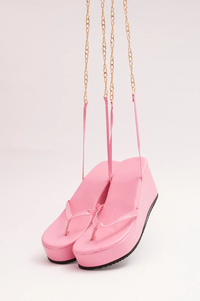 Pink Chain Decor Tie Leg Toe Post Wedge Thong Sandals