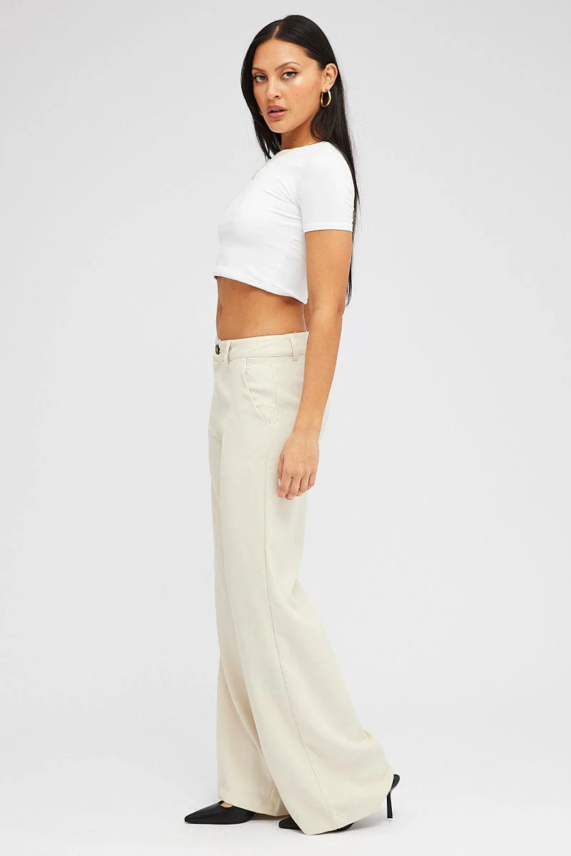 Beige Wide Leg Pants High Rise