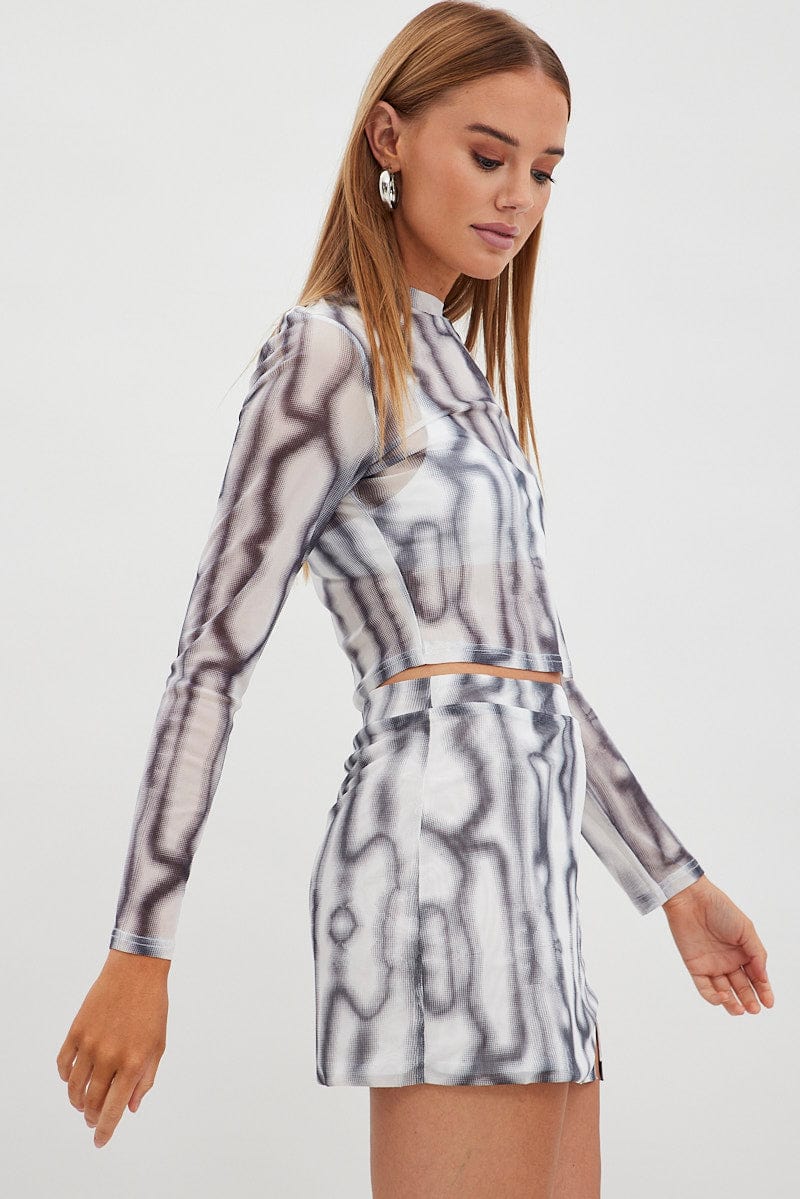Black Abstract Top High Neck Long Sleeve Abstract Print Mesh