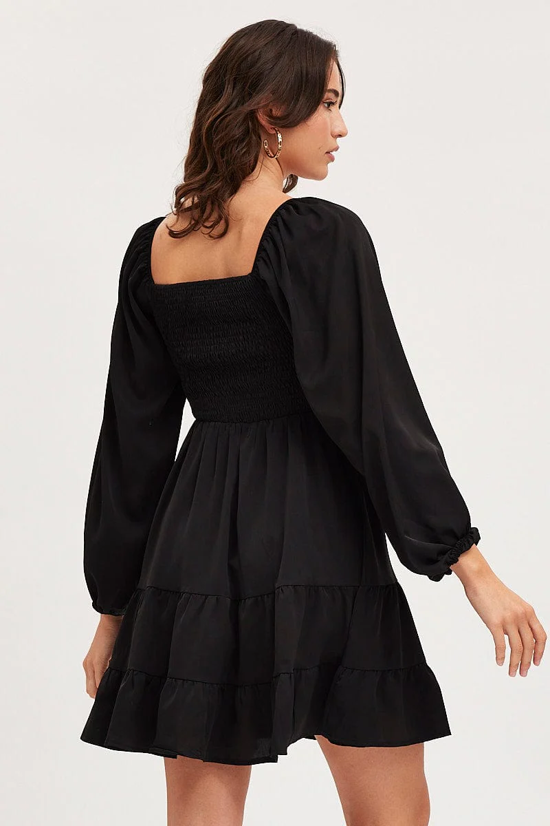 Black Shirred Dress Long Sleeve Mini