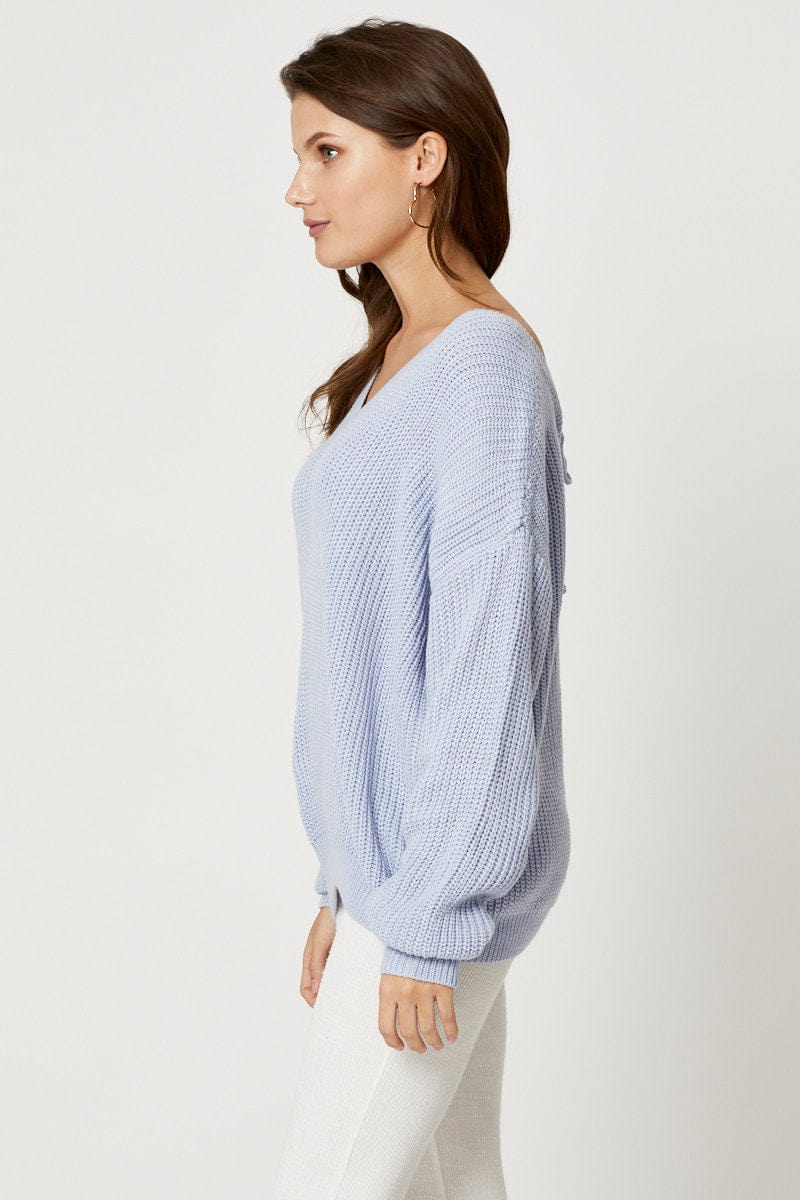 Blue V Neck Tie Back Knit