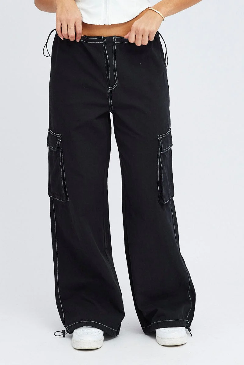 Black Parachute Pants Low Rise