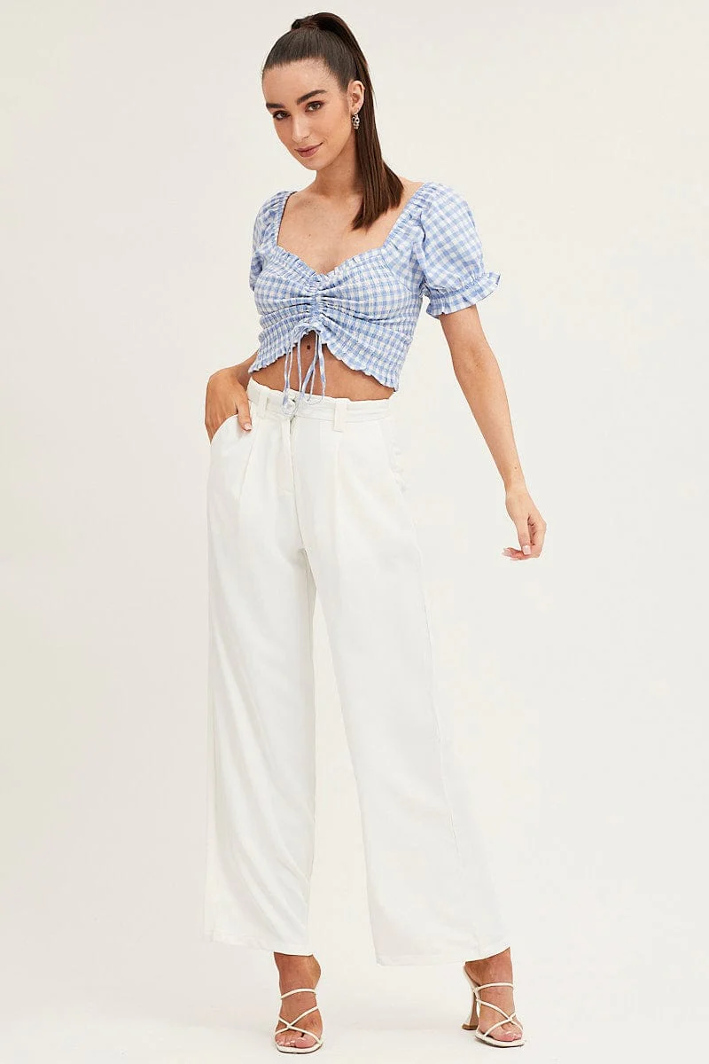 Check Crop Top Short Sleeve Sweetheart Ruched Front