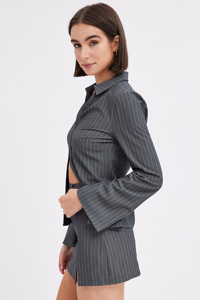 Grey Stripe Mini Skirt High Rise Pencil Side Slit