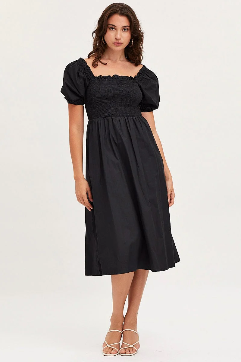 Black Midi Dress Short Sleeve Square Neck