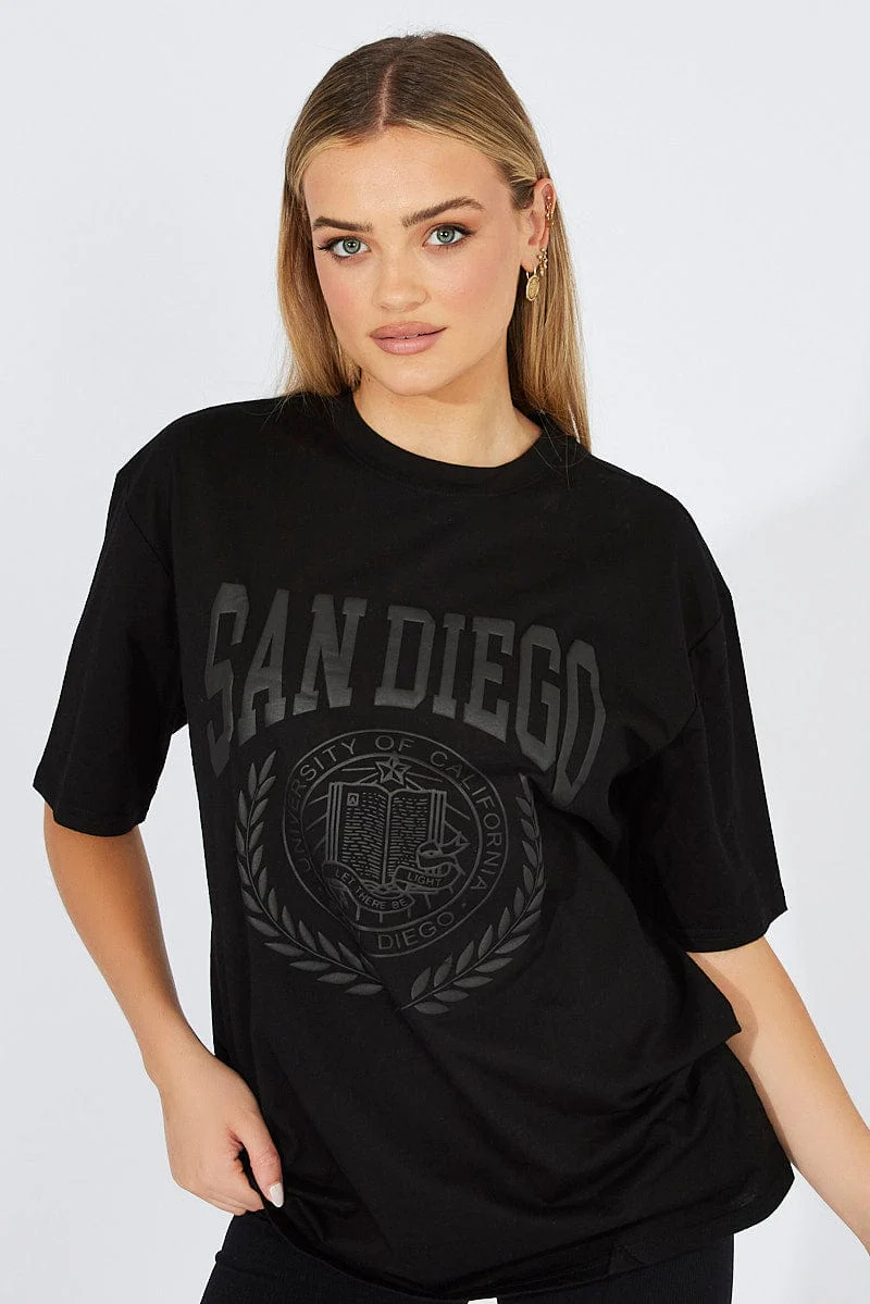 Black Graphic Tee Short Sleeve Round Neck