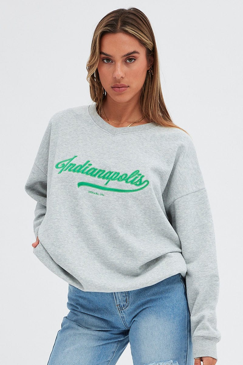 Grey Sweat Shirt Long Sleeve V-Neck Oversized Indiana