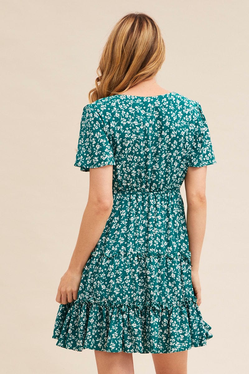 Green Ditsy Short Sleeve Floral Mini Skater Dress