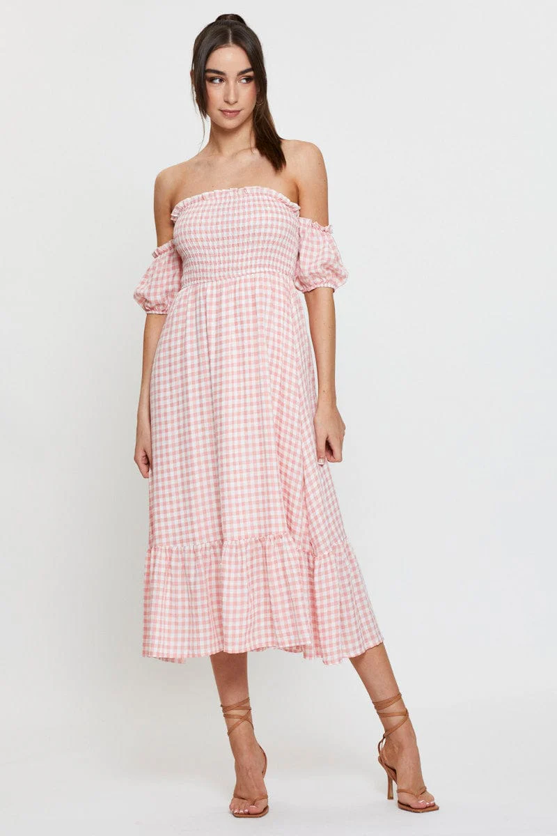 Check Midi Dress Off Shoulder Short Sleeve