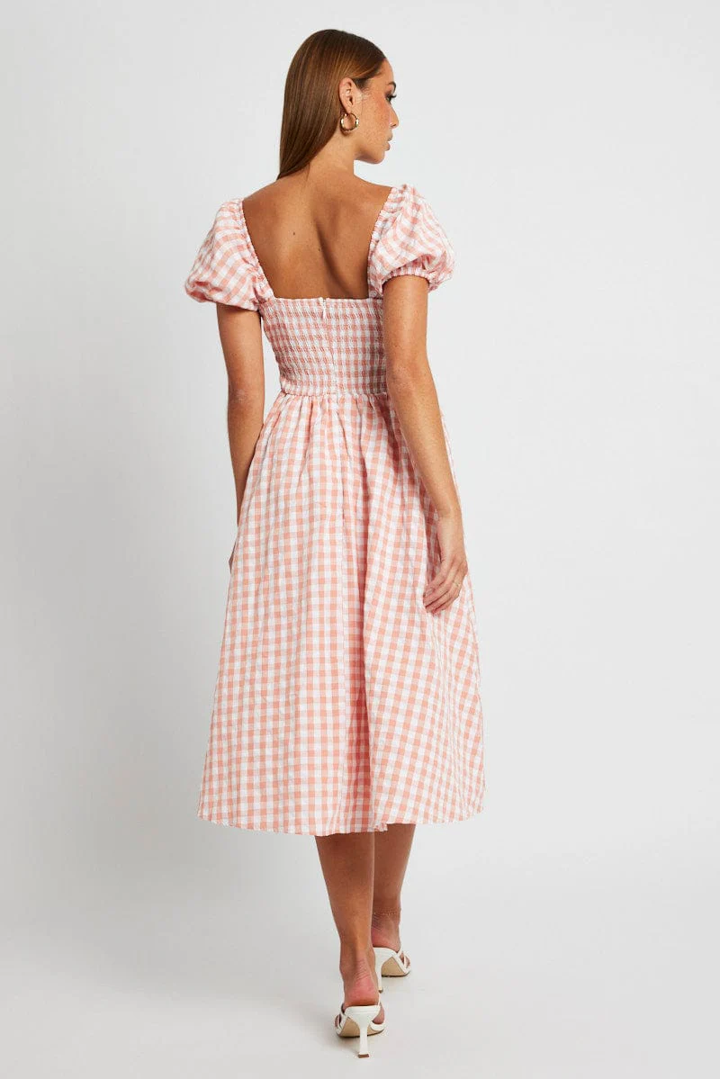 Pink Check Midi Dress Short Sleeve Ruched Bust