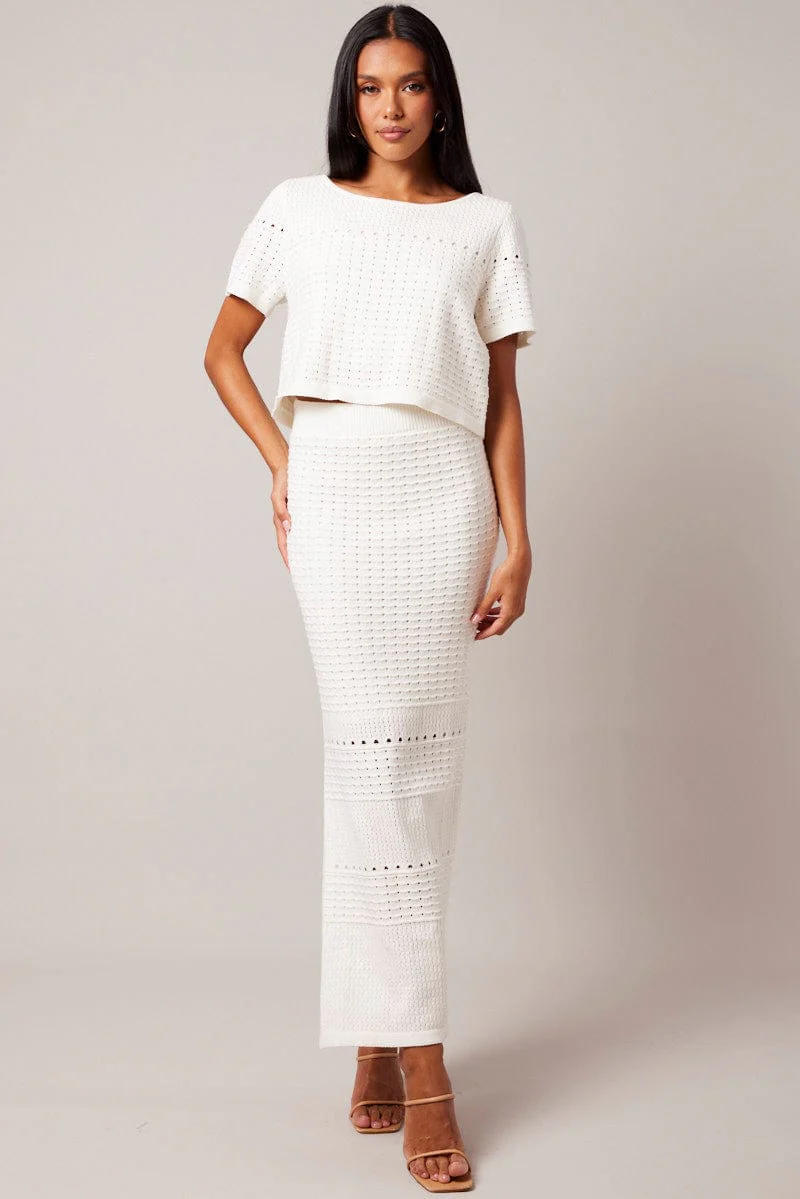 White Knit Top Short Sleeve Crochet