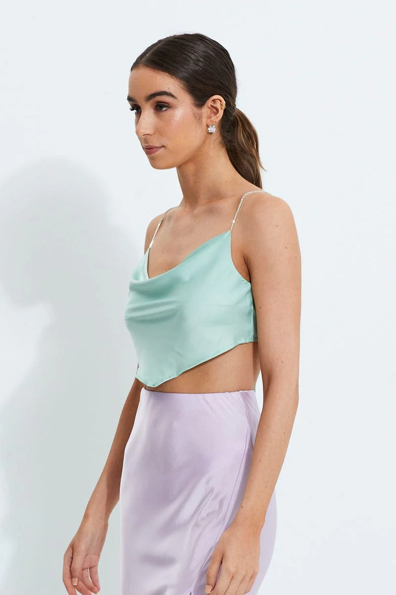 Green Designer Satin Diamante Strap Scarf Strappy Top