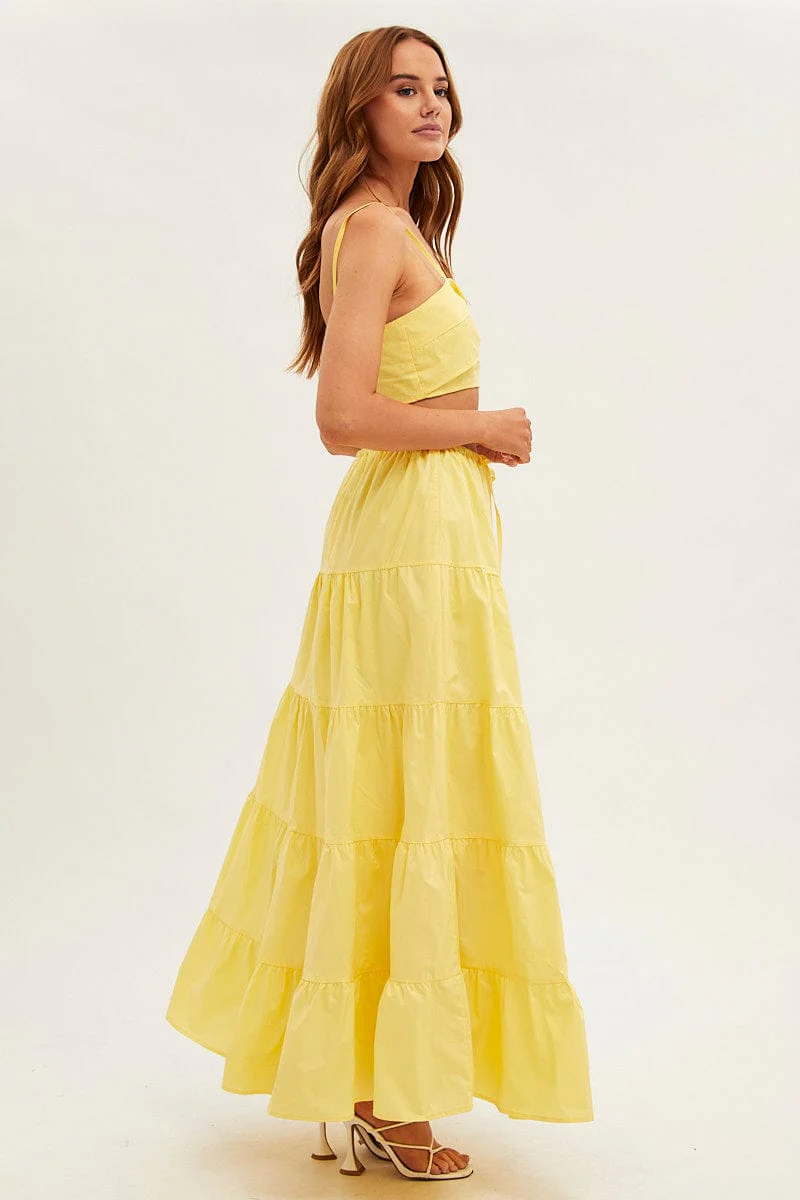 Yellow Maxi Skirt Elastic Waist Tiered