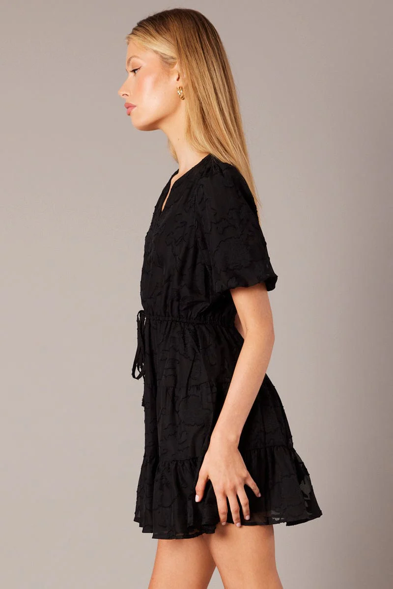 Black Fit And Flare Dress Puff Sleeve Burnout Fabric