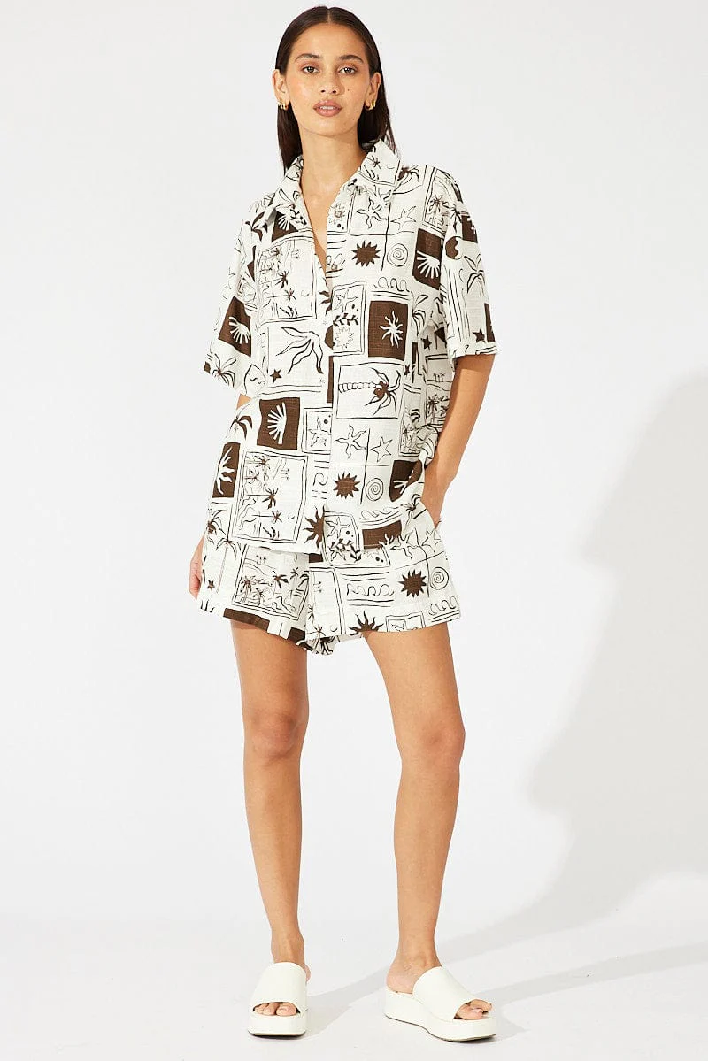 Brown Abstract Linen Shirt Short Sleeve
