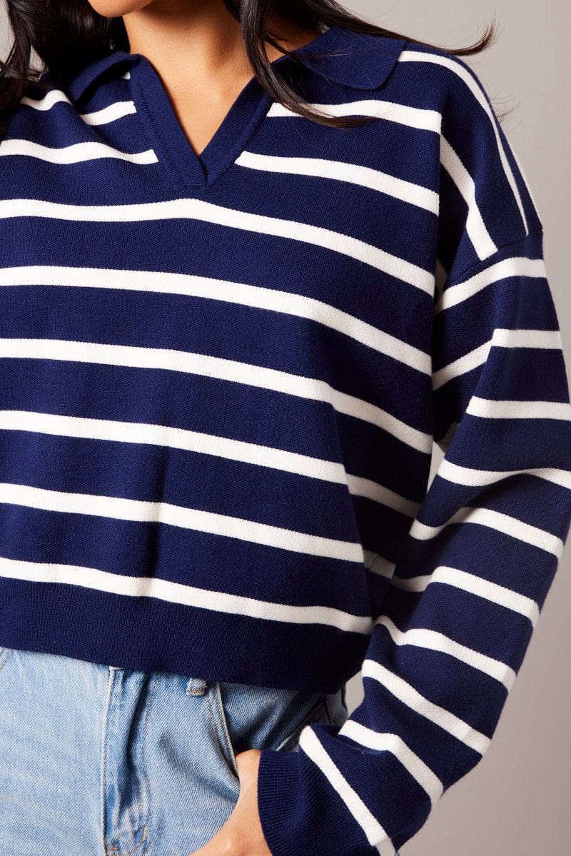 Blue Stripe Knit Top Long Sleeve Collar