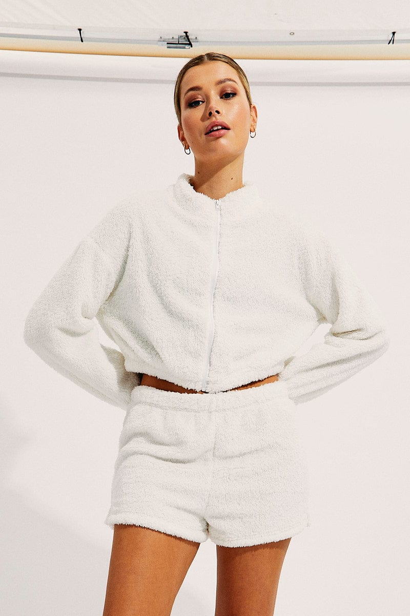 White Loungewear Teddy Shorts