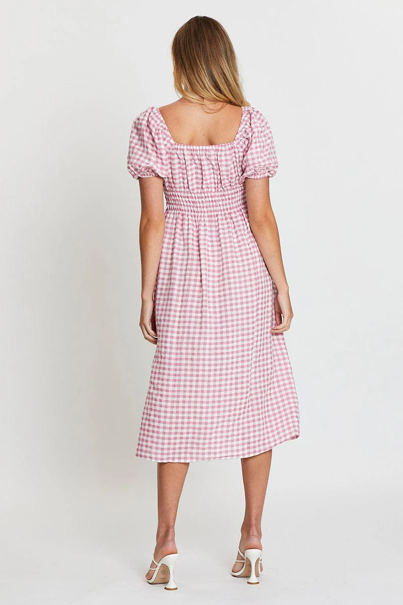 Check Dress Short Sleeve Midi Scoop Neck