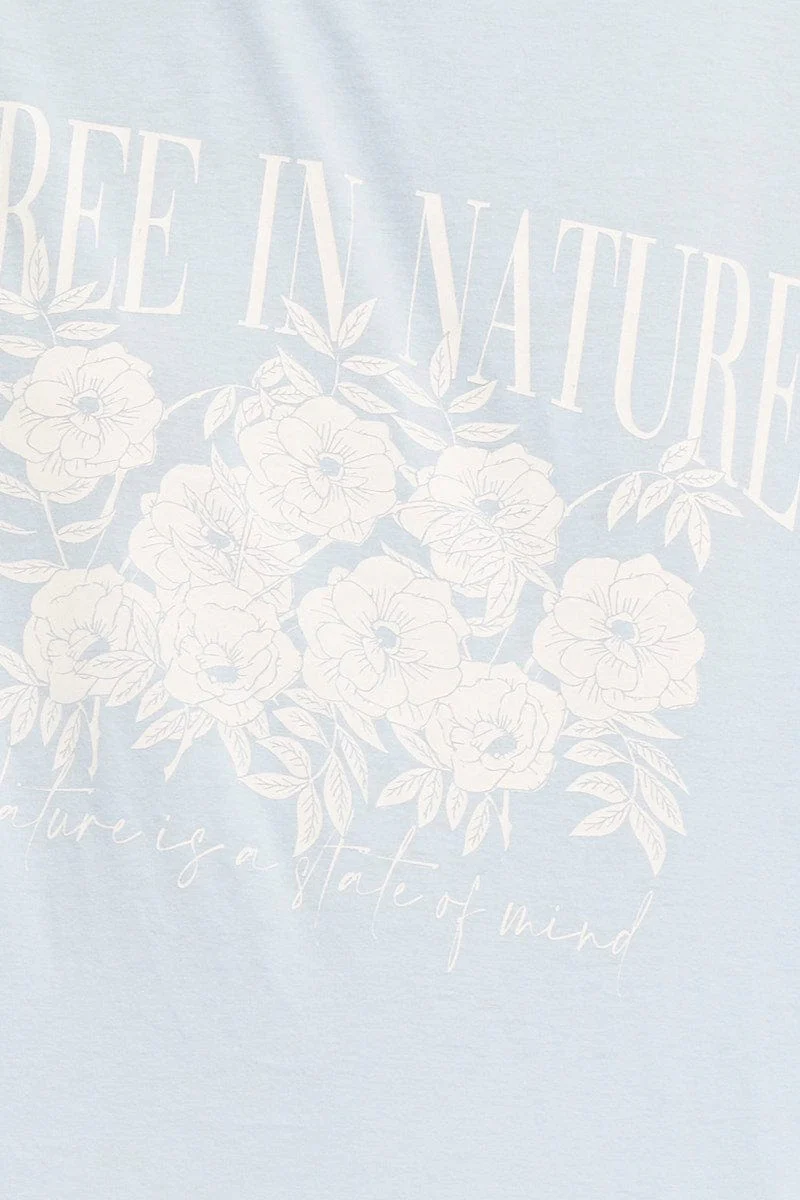 Blue Crew Neck Oversized Graphic T-Shirt