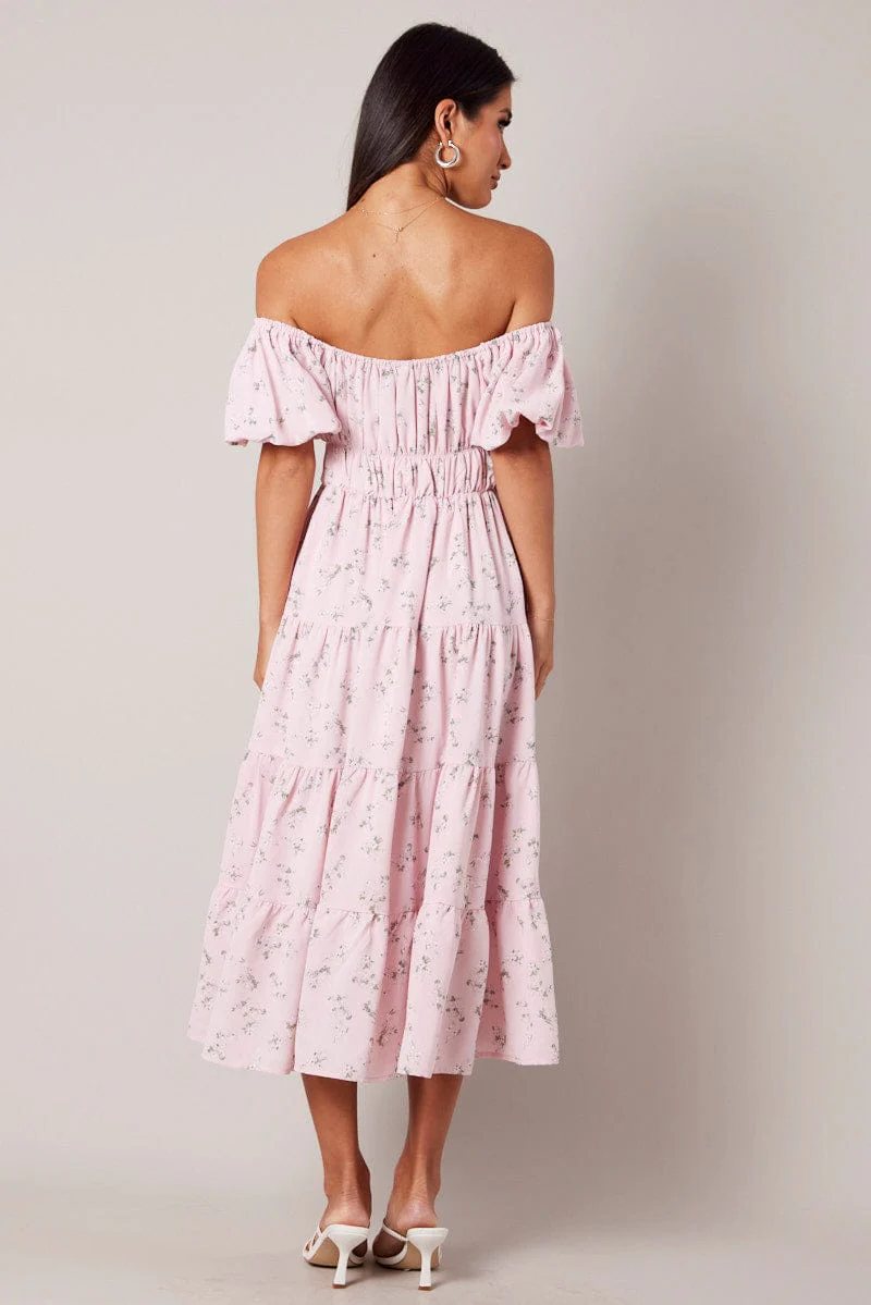 Pink Floral Midi Dress Puff Sleeve Gathered Bust
