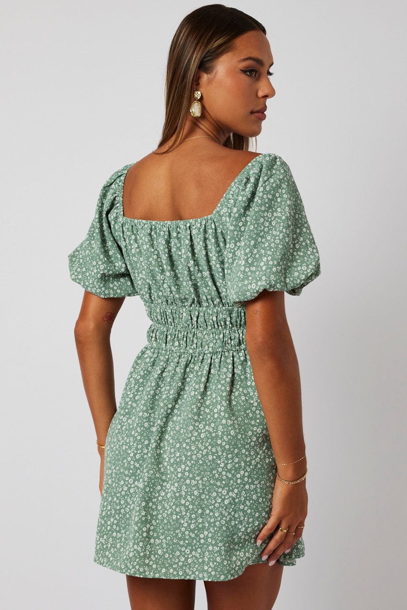 Green Ditsy Fit And Flare Dress Puff Sleeve Mini