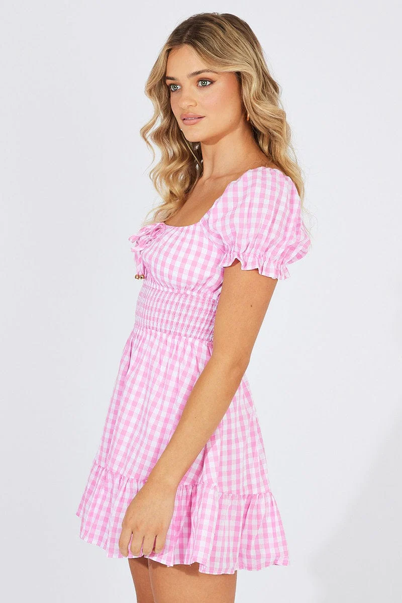 Pink Check Fit And Flare Dress Puff Sleeve Mini