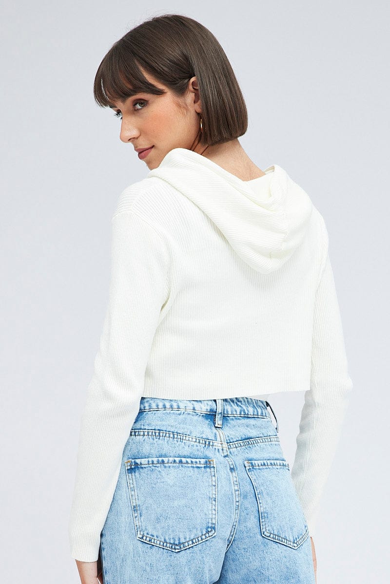 White Knit Zip Up Cardigan Hooded