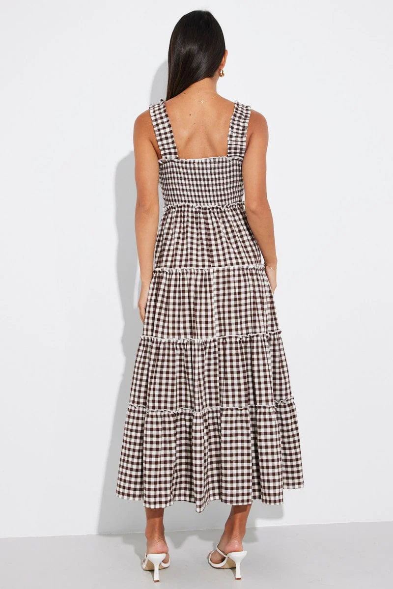 Brown Check Maxi Dress Shirred Bust Tiered